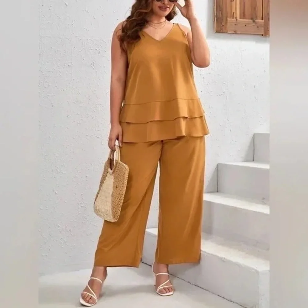Emery Rose | Plus Solid Tank Top & Wide Leg Pants Ginger Boho